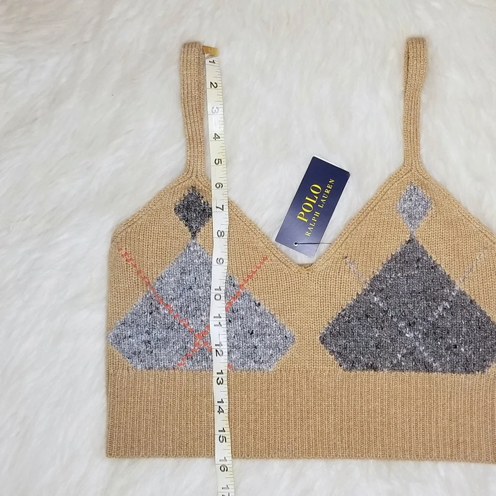 POLO RALPH LAUREN Argyle Knit Cashmere Wool Crop Ekose Camel Brown Top - Picture 9 of 11